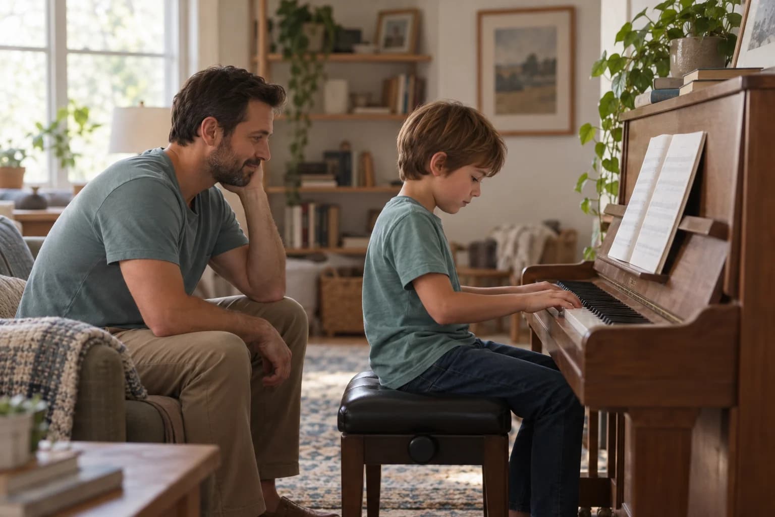 A father listens as his son practices the piano at home.