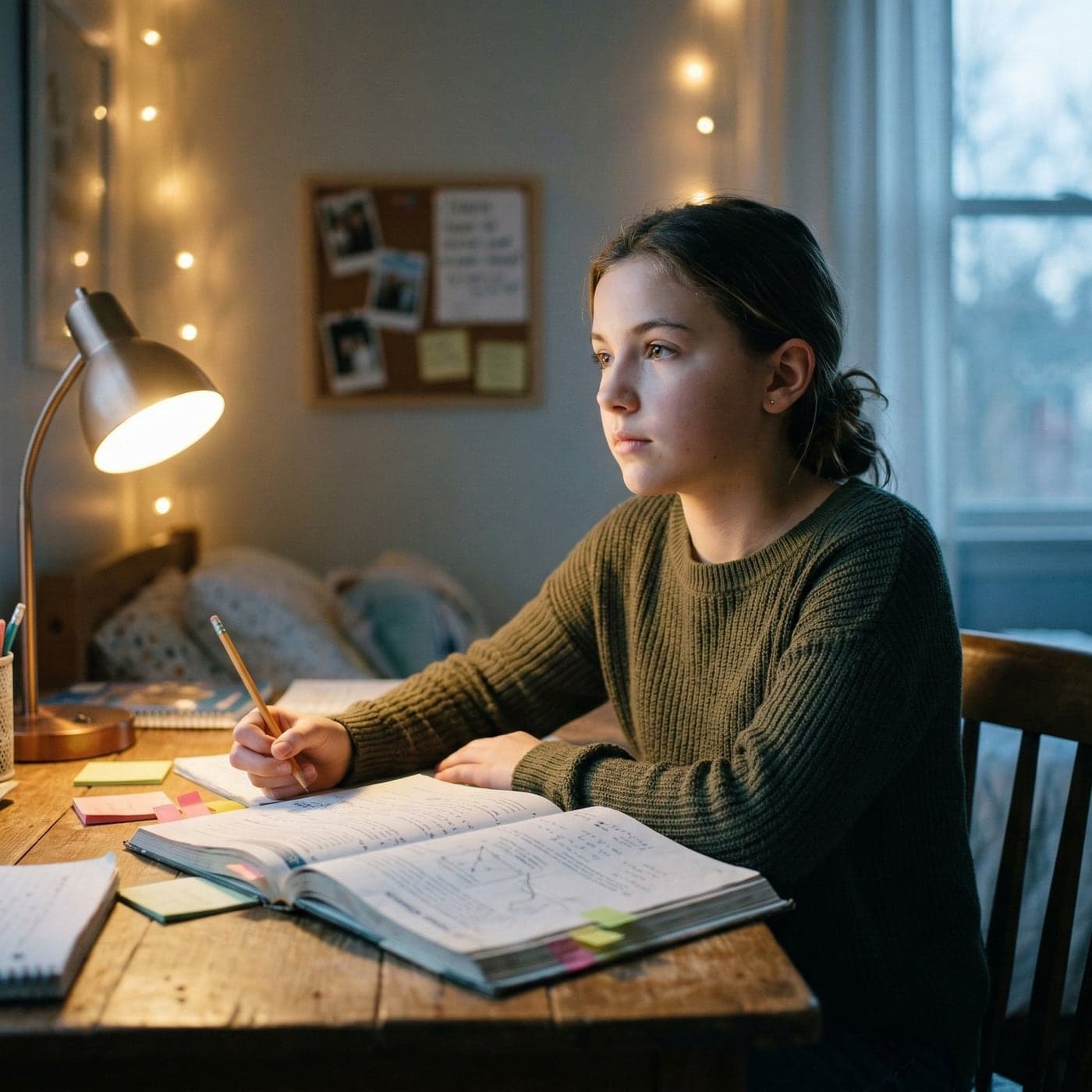 A preteen girl at her desk in the evening, pencil in hand, looking up from her homework.