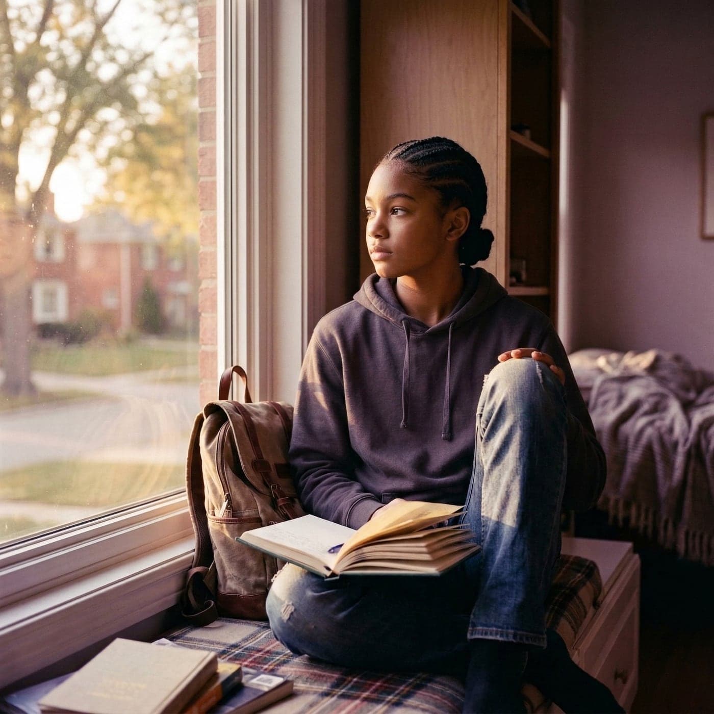 A teenager sits in a window seat with an open book, looking out at the street.