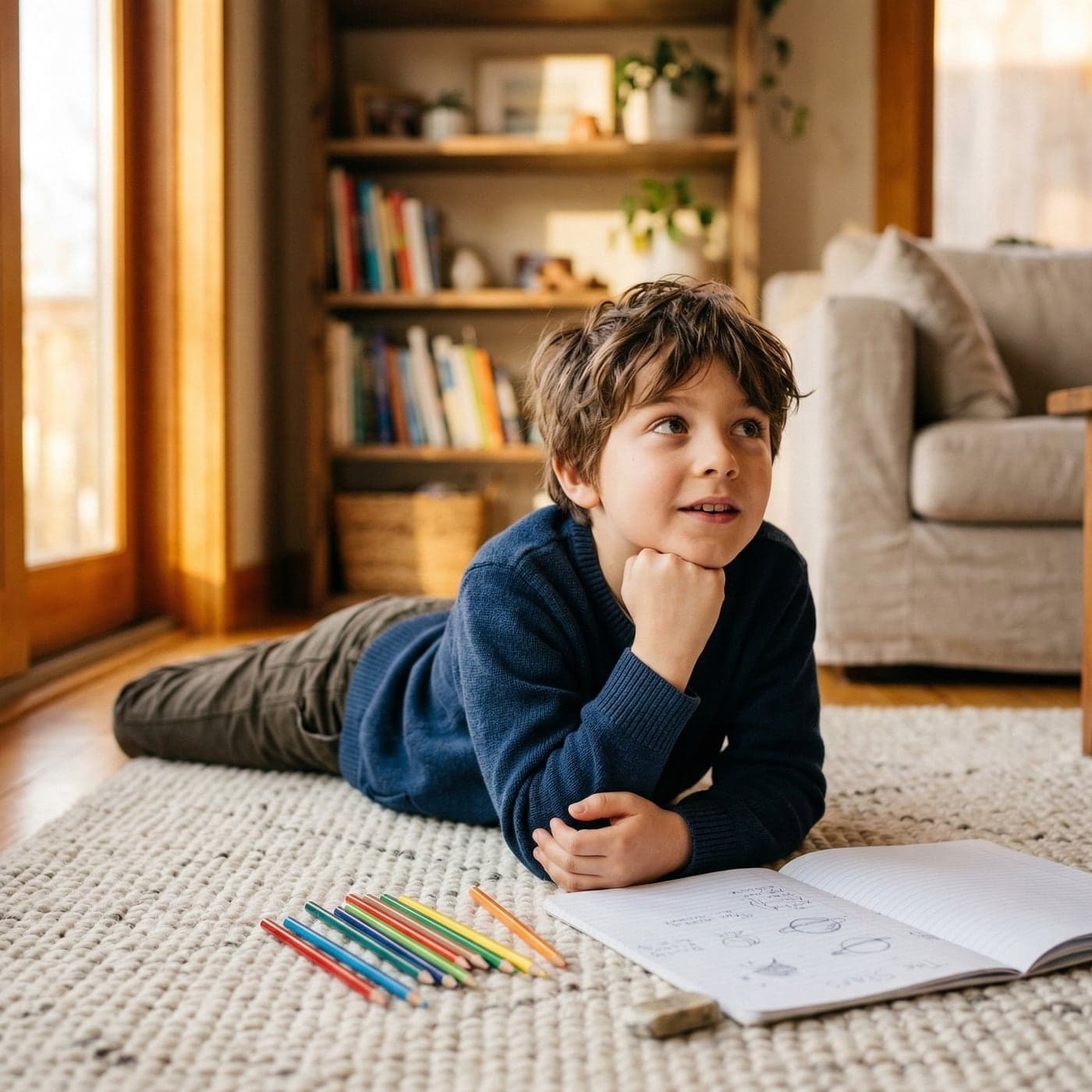 A young boy lies on the living-room rug beside his notebook, chin on his fist, thinking.